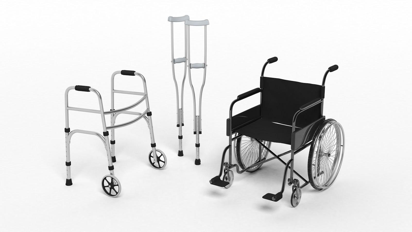 Black disability wheelchair, crutch and metallic walker isolated on white